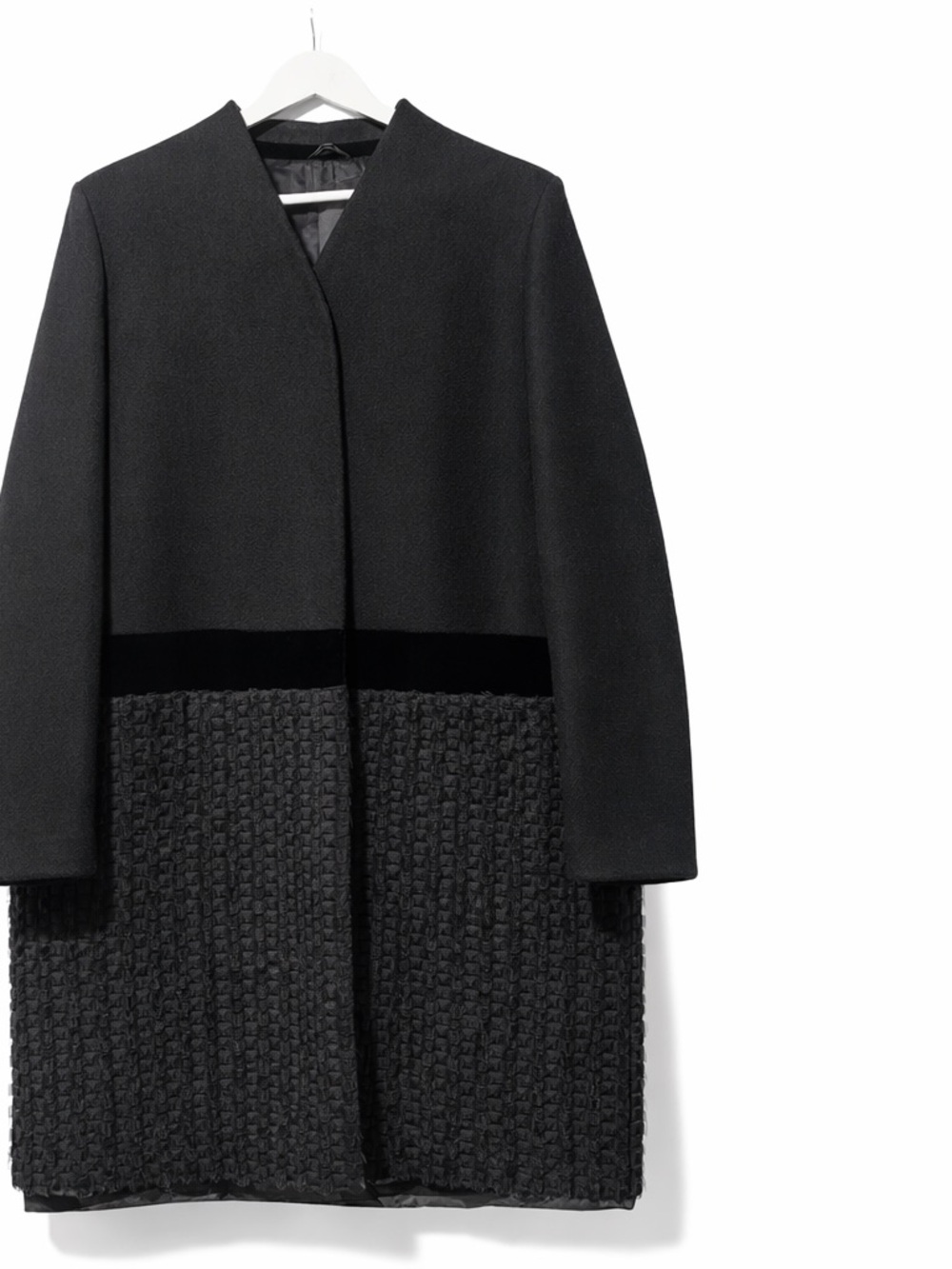 Vera Wang Black Wool Blend Textured Long Coat Velvet Panel XL
